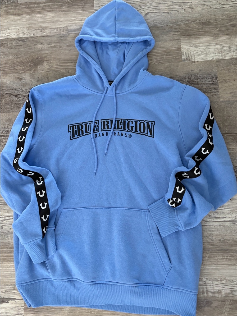 True Religion Women’s Light Blue Pullover Hoodie with front pocket size 3XL